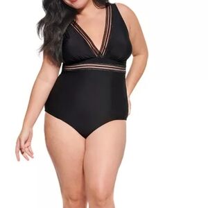 Freshwater Mesh Lace Trimmed V-Neck Longline One Piece Swimsuit - Size 1X